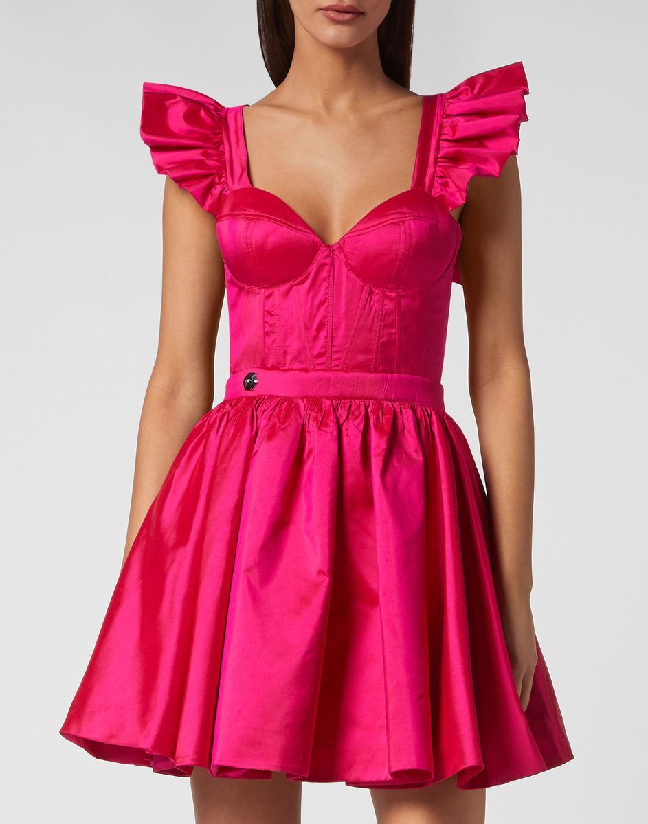 Mini-Kleid mit Rüschen und pinkfarbenem Taft