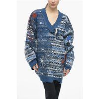 Oversized Patchwork Strickpullover mit V-Ausschnitt