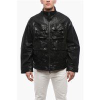 Schwarze gewaschene Lederjacke mit mehreren Taschen