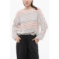 Gestreifte Leinenmischungsbluse mit elastischem Saum