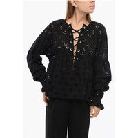 Schwarze Bluse mit Broderie Anglaise und Schnürung