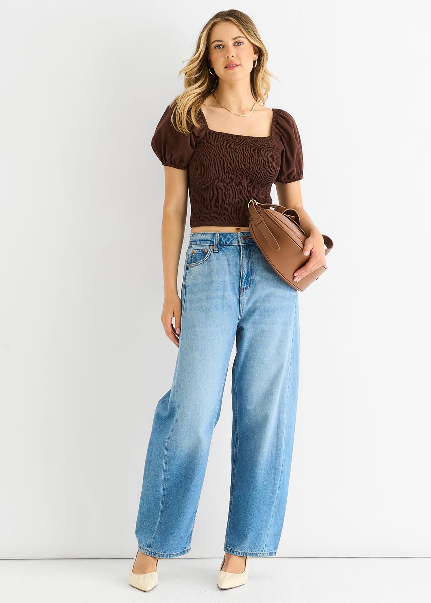 Gerafftes Crop-Top mit Puffärmeln aus Baumwolle