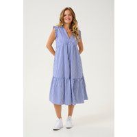 Gestreiftes, gestuftes Midi-Sommerkleid mit Rüschen
