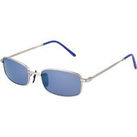 Sonnenbrille mit silbernem Rahmen und blauen Gläsern