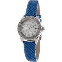 Blaue Damenlederarmbanduhr mit Kristalllünette