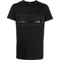 Schwarzes T-Shirt mit Rundhalsausschnitt und mehreren Logos