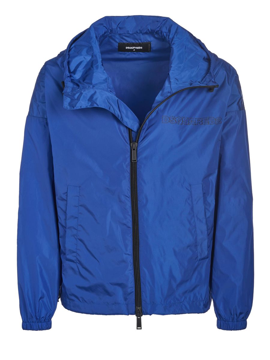 Blaue Kapuzen-Windjacke