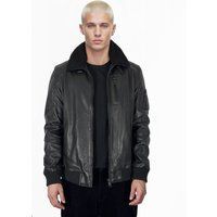 Schwarze Leder-Bomberjacke mit Kragen