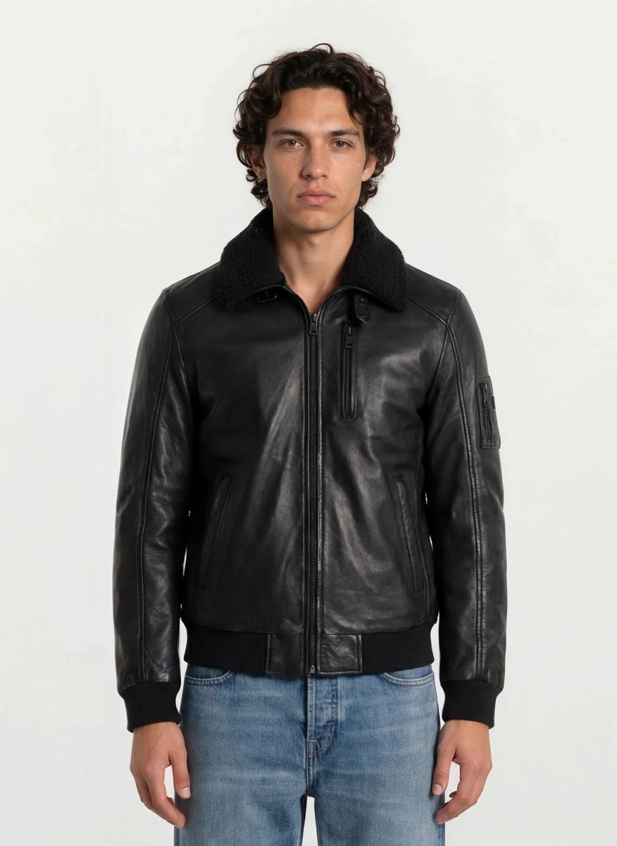 Leder-Fliegerjacke mit Lammfellkragen