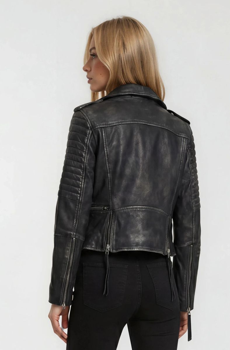 Gesteppte Leder-Bikerjacke im Distressed-Look