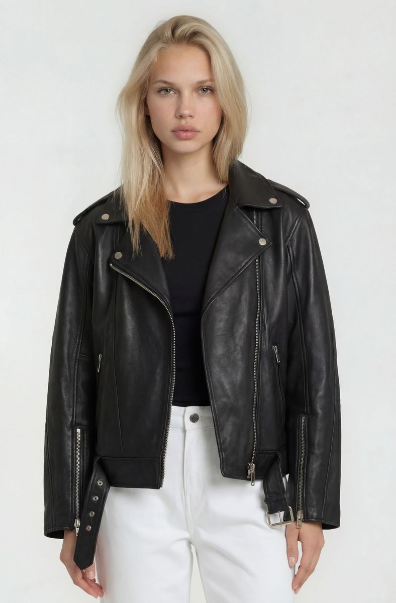 Übergroße Bikerjacke mit Gürtel