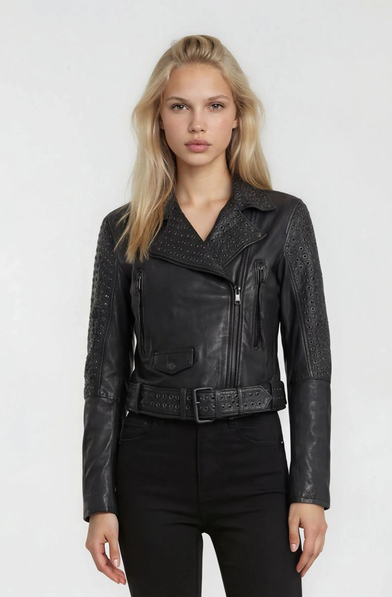 Leder-Bikerjacke mit Ösen-Details