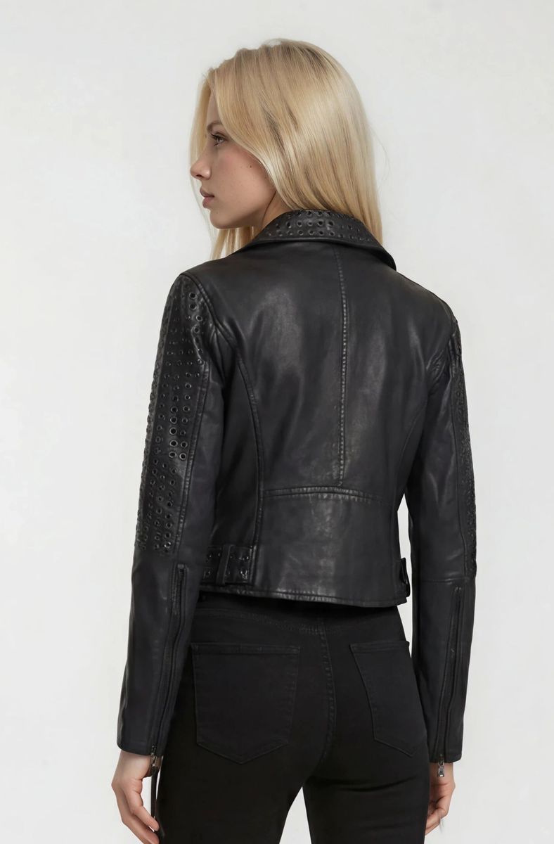 Leder-Bikerjacke mit Ösen-Details