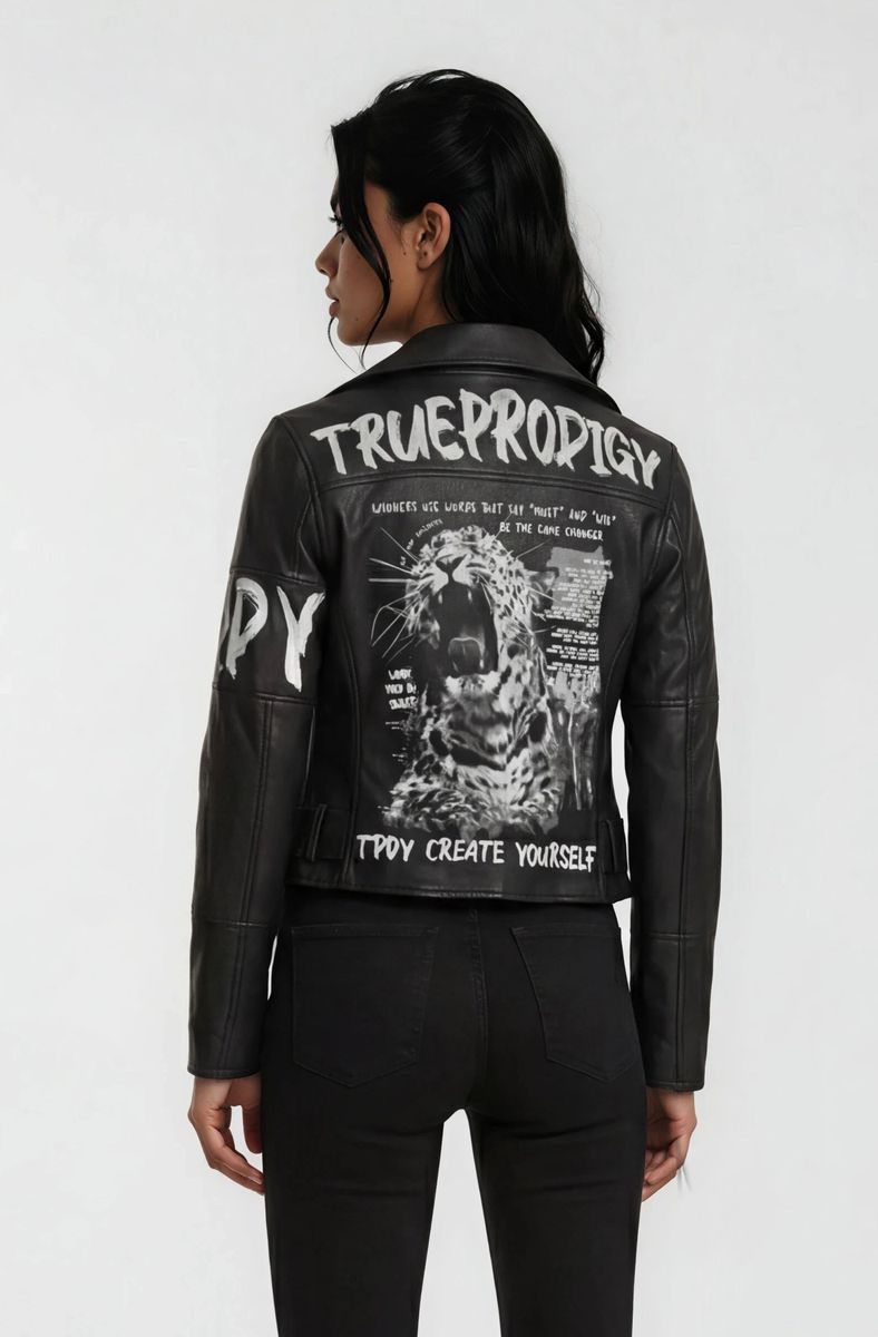 Biker-Lederjacke mit Grafik-Print