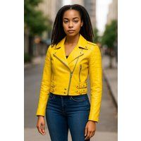 Gelbe Cropped-Bikerjacke aus Leder für Damen