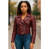 Burgunderrote kurze Leder-Bikerjacke