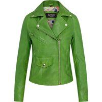 Apfelgrüne Lederjacke im Bikerstil