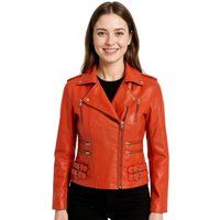 Damen Orangefarbene Leder Bikerjacke