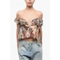 Bedrucktes schulterfreies Crop-Top aus Seide