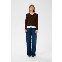 Brauner Rippstrick-Pullover mit V-Ausschnitt