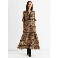 Braunes Midikleid mit Animalprint und Spitze