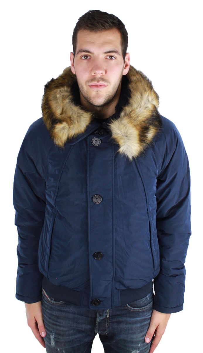 Marineblaue Herren Bomberjacke mit Fellkapuze