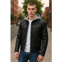 Schwarze Herren-Lederjacke mit Kapuze im Biker-Stil