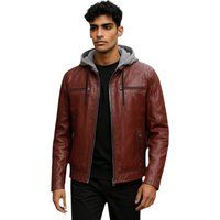 Herren Leder Bikerjacke mit Kapuze in Oxblood