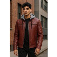 Herren Burgunder Lederjacke mit Kapuze