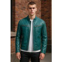 Grüne Leder Slim Fit Bikerjacke