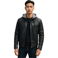Schwarze Herren-Bikerjacke aus Lammleder mit Kapuze