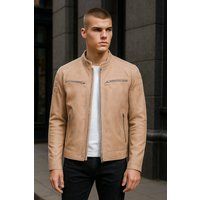 Beige Klassische Gesteppte Leder-Bikerjacke