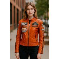 Damen Orange Biker Racing Lederjacke