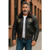 Lederbomberjacke mit Shearling-Kragen