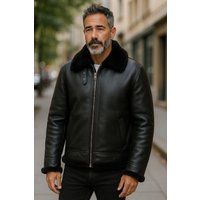Klassische Shearling-Lederjacke im Fliegerstil