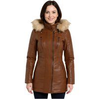 Brauner gesteppter Lederparka mit Fellkapuze