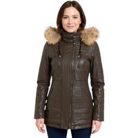 Brauner gesteppter Lederparka mit Fellkapuze