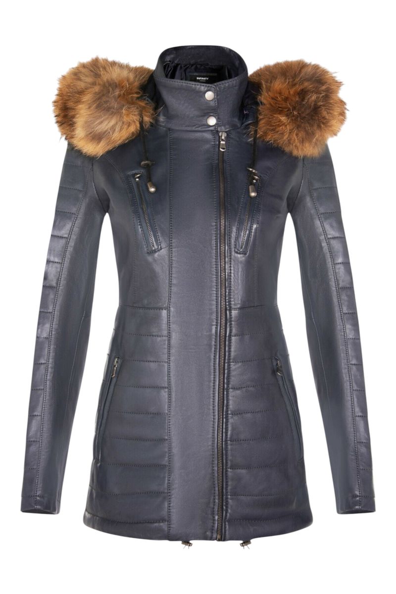 Damen Lederparka mit Fellkapuze