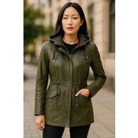Grüne Leder Parkajacke mit Kapuze Damen