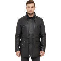 Herren Leder Parka Mantel Schwarz