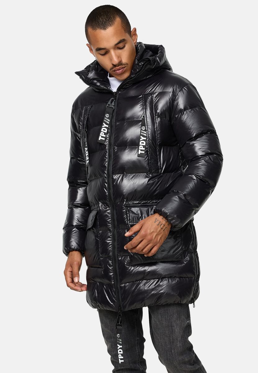Glänzender langer Puffer-Mantel mit Kapuze