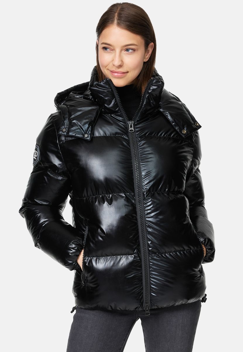 Glänzende gesteppte Pufferjacke mit Kapuze