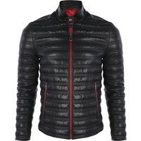Schwarze gesteppte Lederjacke mit rotem Reißverschluss