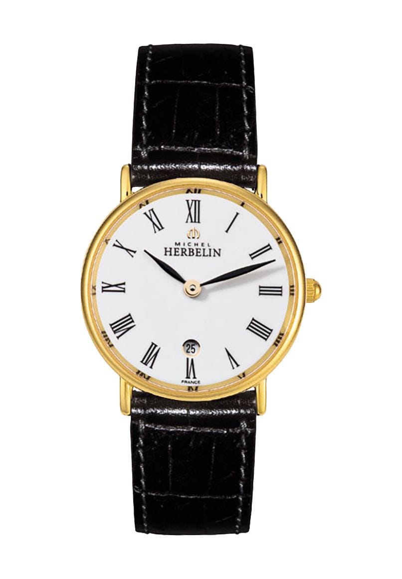 Klassische goldfarbene Uhr mit schwarzem Armband