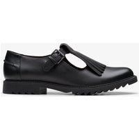 Schwarzer T-Strap Lederschuh mit Fransen