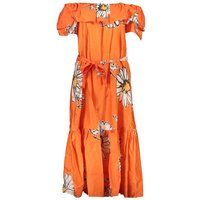 Orangefarbenes Maxikleid mit Gänseblümchenmuster und Schulterfreiem Stil