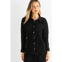 Schwarzes Plissee-Hemdkleid mit Knopfleiste