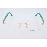 Randlose Brille mit türkisfarbenen Acetatbügeln