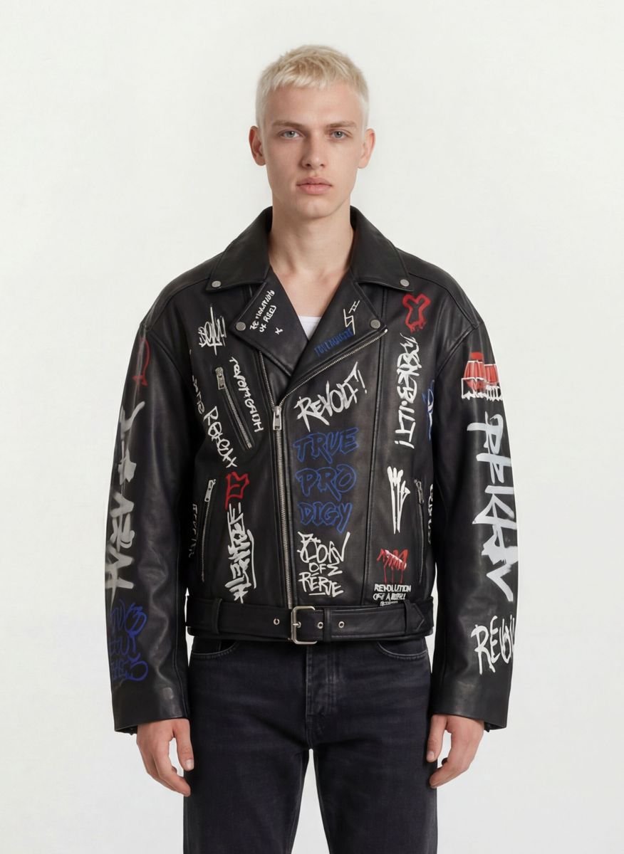 Leder-Bikerjacke mit Graffiti-Muster