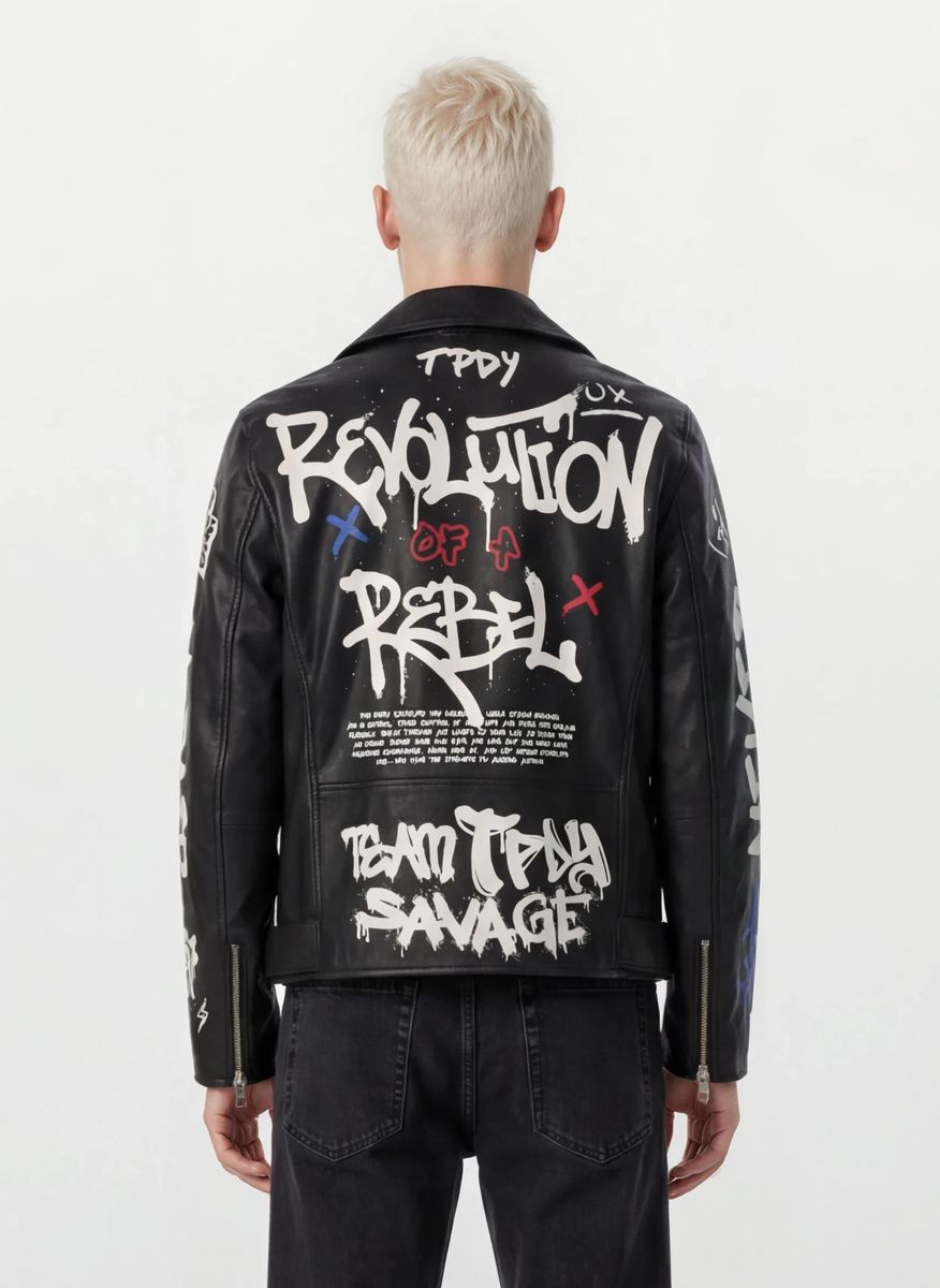 Leder-Bikerjacke mit Graffiti-Muster